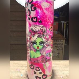 Pink and Green Tumbler with Cartoon Design